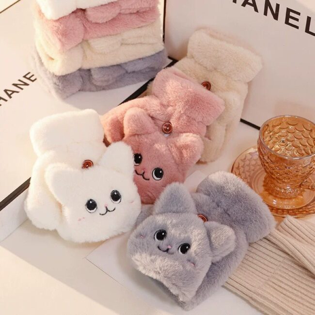 Lovely Plush Cat Mittens Fingerless Gloves Women Winter Warm Rabbit