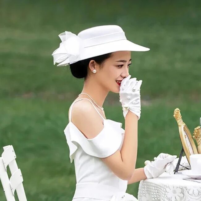 56-58cm French Bownot Satin Top Hat Women Banquet Fascinator Bride Wedding Black Fedora Hat