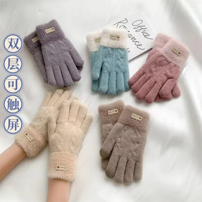 Knitted Wool Gloves for Women in Winter Plus Velvet and Thickening Cycling Warm Touch Screen Double Layer - Image 3