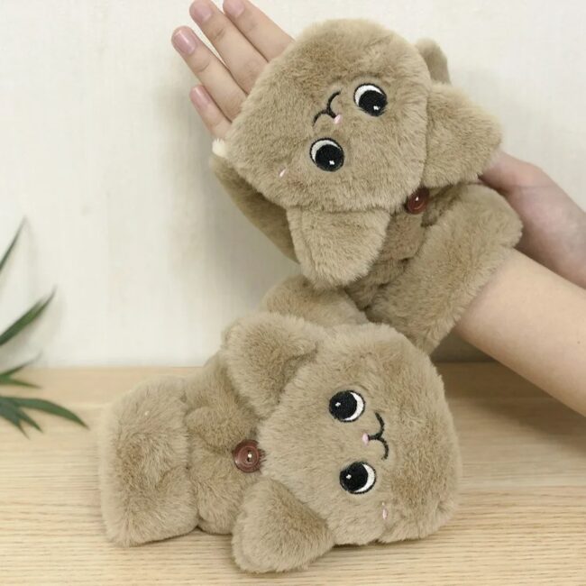 Lovely Plush Cat Mittens Fingerless Gloves Women Winter Warm Rabbit - Image 21