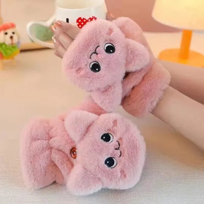 Lovely Plush Cat Mittens Fingerless Gloves Women Winter Warm Rabbit - Image 23