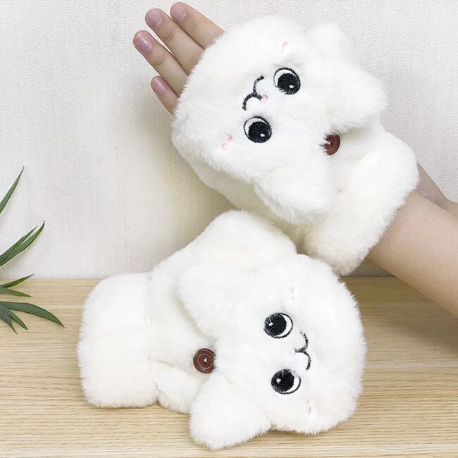 Lovely Plush Cat Mittens Fingerless Gloves Women Winter Warm Rabbit - Image 24