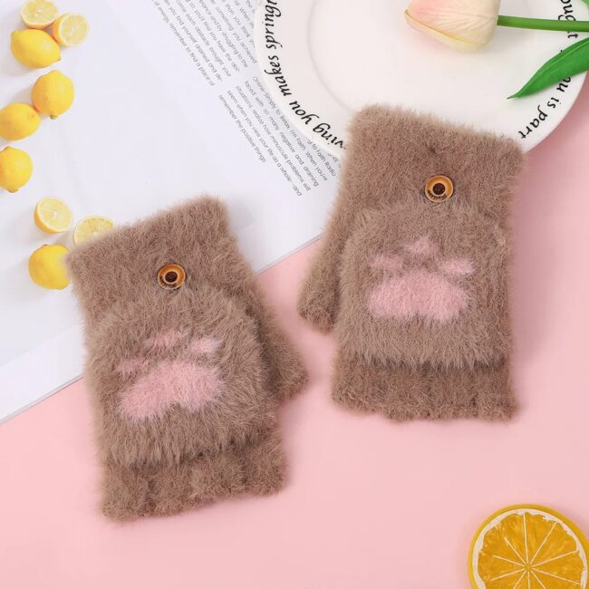 Lovely Plush Cat Mittens Fingerless Gloves Women Winter Warm Rabbit - Image 26