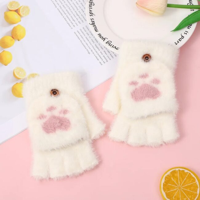 Lovely Plush Cat Mittens Fingerless Gloves Women Winter Warm Rabbit - Image 31