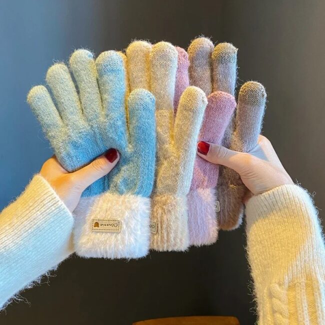 Knitted Wool Gloves for Women in Winter Plus Velvet and Thickening Cycling Warm Touch Screen Double Layer - Image 4