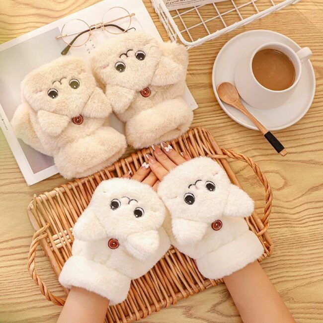 Lovely Plush Cat Mittens Fingerless Gloves Women Winter Warm Rabbit - Image 6