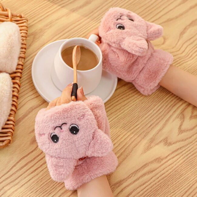 Lovely Plush Cat Mittens Fingerless Gloves Women Winter Warm Rabbit - Image 9