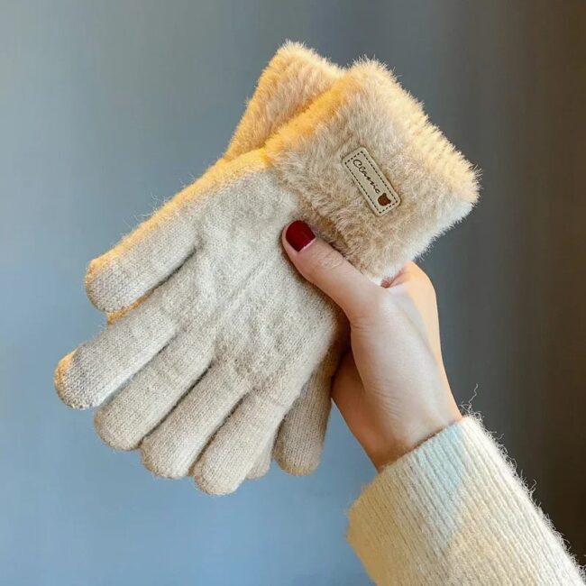 Knitted Wool Gloves for Women in Winter Plus Velvet and Thickening Cycling Warm Touch Screen Double Layer - Image 7