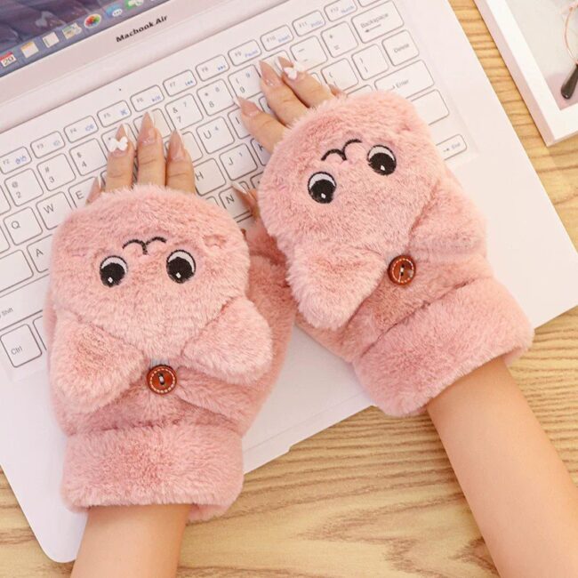 Lovely Plush Cat Mittens Fingerless Gloves Women Winter Warm Rabbit - Image 10