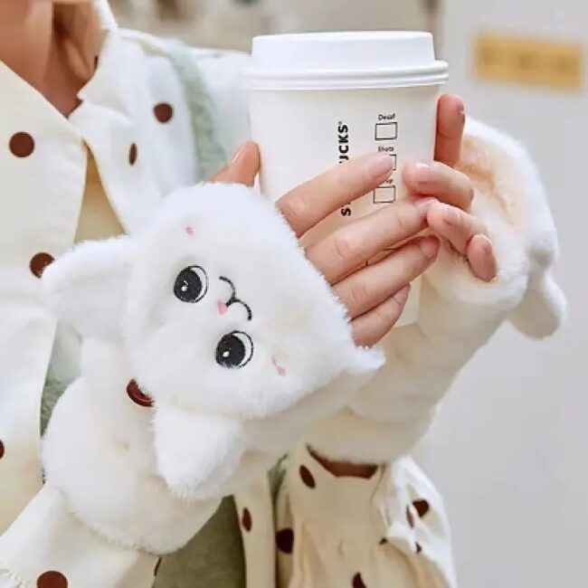 Lovely Plush Cat Mittens Fingerless Gloves Women Winter Warm Rabbit - Image 13