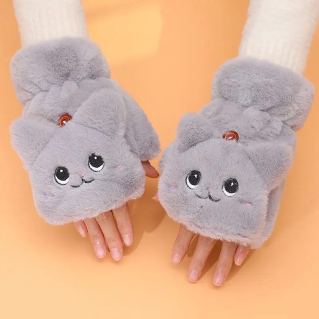 Lovely Plush Cat Mittens Fingerless Gloves Women Winter Warm Rabbit - Image 15