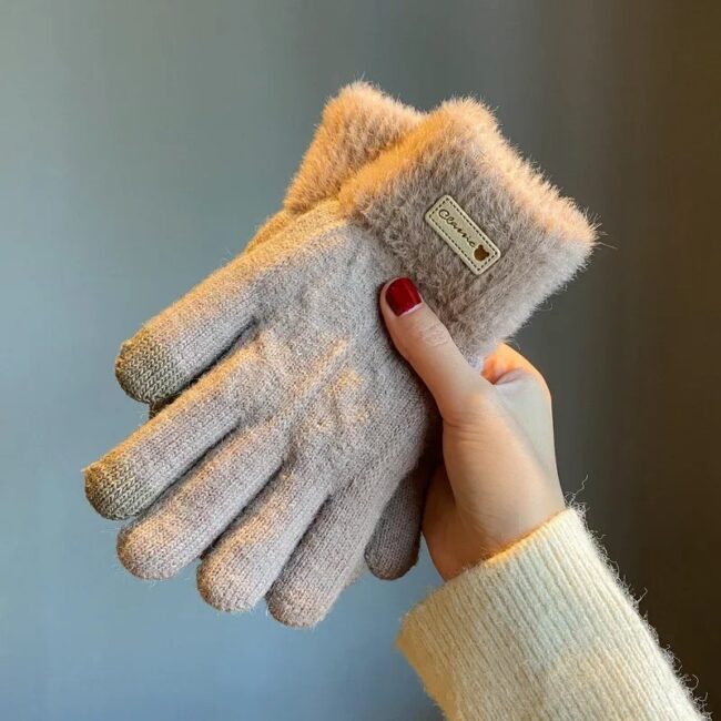 Knitted Wool Gloves for Women in Winter Plus Velvet and Thickening Cycling Warm Touch Screen Double Layer - Image 10
