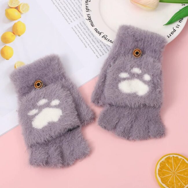 Lovely Plush Cat Mittens Fingerless Gloves Women Winter Warm Rabbit - Image 17