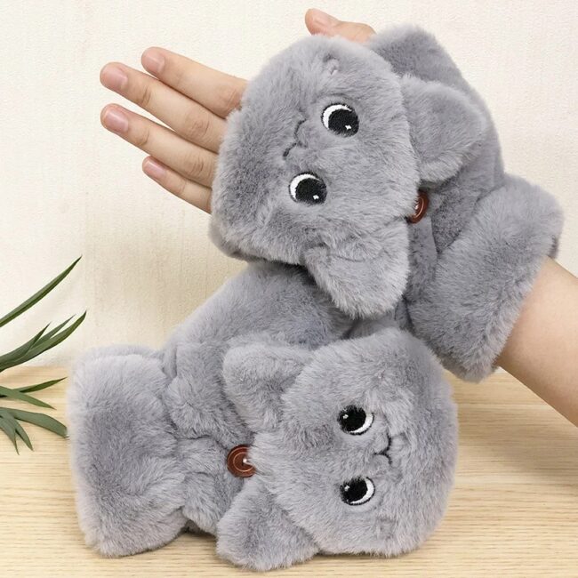 Lovely Plush Cat Mittens Fingerless Gloves Women Winter Warm Rabbit - Image 18