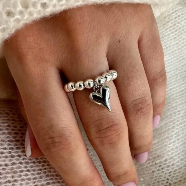 LATS Creative Handmade Beaded Bungee Cord Love Heart Pendant Rings for Women Girl Silver Color CCB Bead Adjustable Ring Jewelry