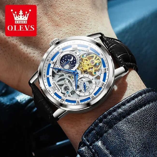 OLEVS Skeleton Men's Watch Automatic Movement Leather Strap Man Watch Waterproof Luminous Dial Wrist Watch Watches Men Clock