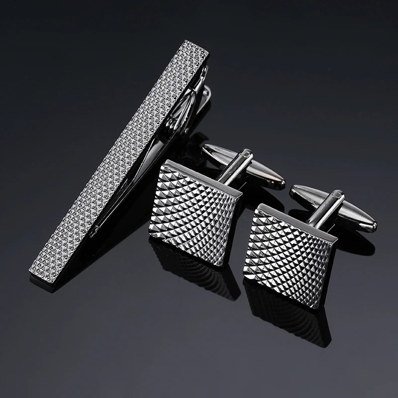 Luxury men's French shirt cufflink tie clip set High quality Classic Square Black pattern cuff button clip Business suit Jewelry