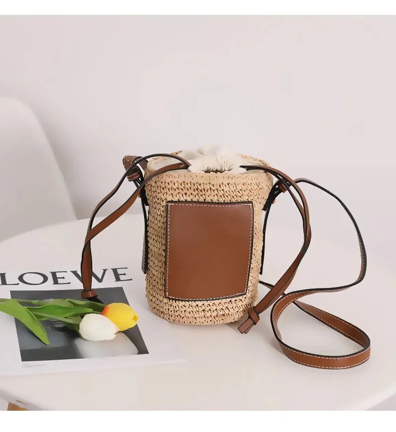 Lafite Straw Bucket Bag Women's Crossbody Woven Beach Vacation Tote Versatile Summer Handbag Fashionable Rural Style