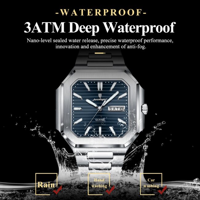 POEDAGAR Luxury Square Fashion Man Wristwatch Waterproof Luminous Date Week Quartz Men's Watches Stainless Steel Men Watch Reloj