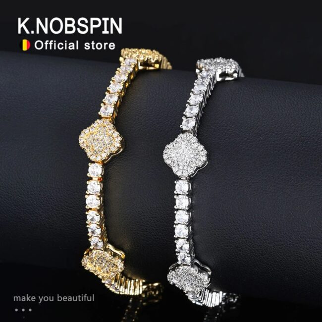 KNOBSPIN D VVS1 Moissanite Tennis Bracelet Four Leaf Clover s925 Sterling Silver Plated 18k with GRA Wedding Bracelets for Women