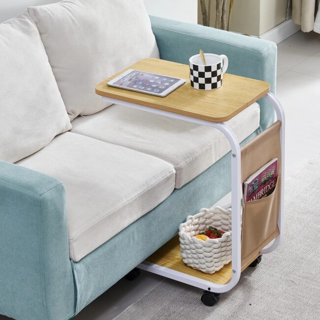 BonChoice C Shaped Side Table with Wheels for Living Room, Mobile Sofa Side End Table, Portable Snack Coffee Table Bedside Table - Image 4