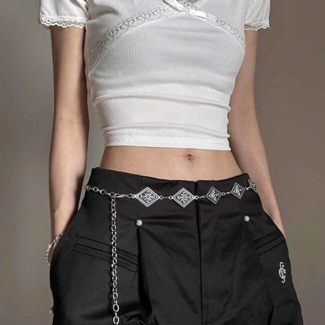 1pcs punk style retro metal women's fashion trend ethnic style carved diamond chain thin waist belt suitable for daily wear use