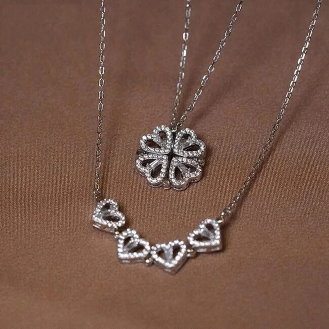 1pc Heart Shaped Four Leaf Clover Pendant Necklace Jewelry Zircon Women Love Clavicle Chain Gifts Openable ChokerJewelry