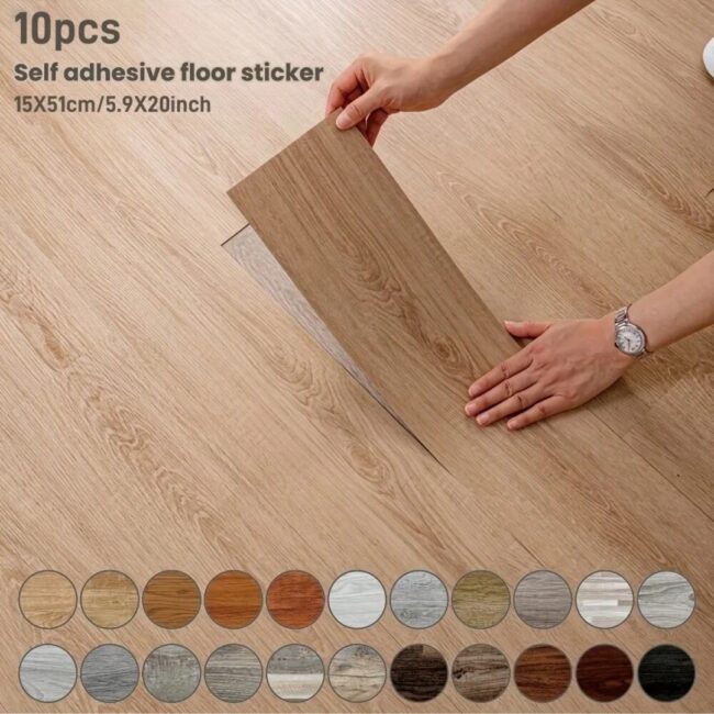 10PCS 51x15cm Wood Grain Texture Self-adhesive Floor Stickers Moisture-Proof Waterproof Wall Sticker Wallpaper for Bedroom