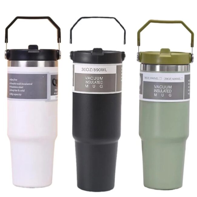 30 Oz Stainless Steel Thermos Mug Tritan Material Double Layer Vacuum Insulation Tape Handle, Perfect for Iced and Hot Drinks