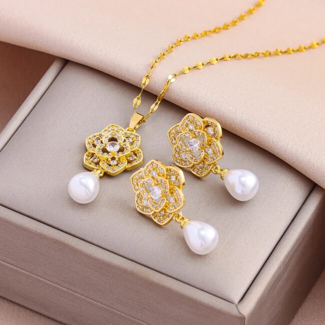 New In Retro Luxury Zircon Flower Pearl Necklaces Earrings For Women Trendy 18K Gold Plated Female Stainless Steel Jewelry Set