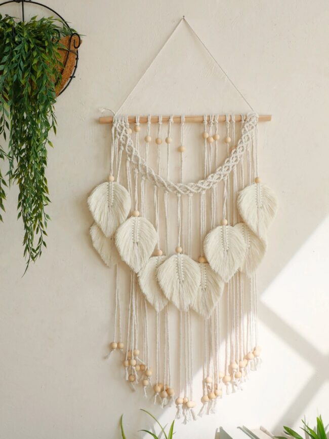 Boho Leaf Macrame Tapestry Woven Wall Hanging Tapestry Home Wall Decor Wood Bead Crafts Bedroom Living Room Decor Aesthetic Gift