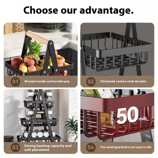 2 Tiers & 3 Tiers Countertop Fruit Basket Portable Iron Art Kitchen Organizer for Fruits Bread Snacks Storage Rack - Image 3