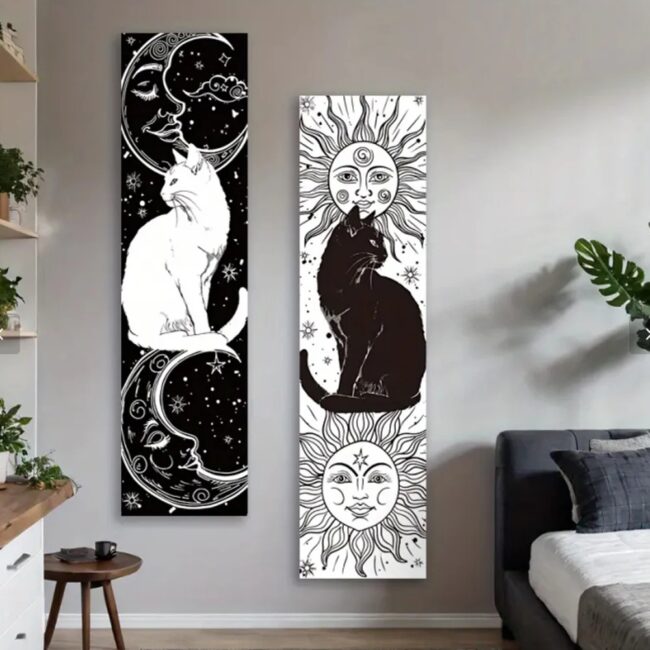 Whimsy Cat Black and White Cat Vertical Tapestry Sun and Moon Long Wall Hanging Starry Sky Aesthetic Art Tapestry Wall Decor - Image 5