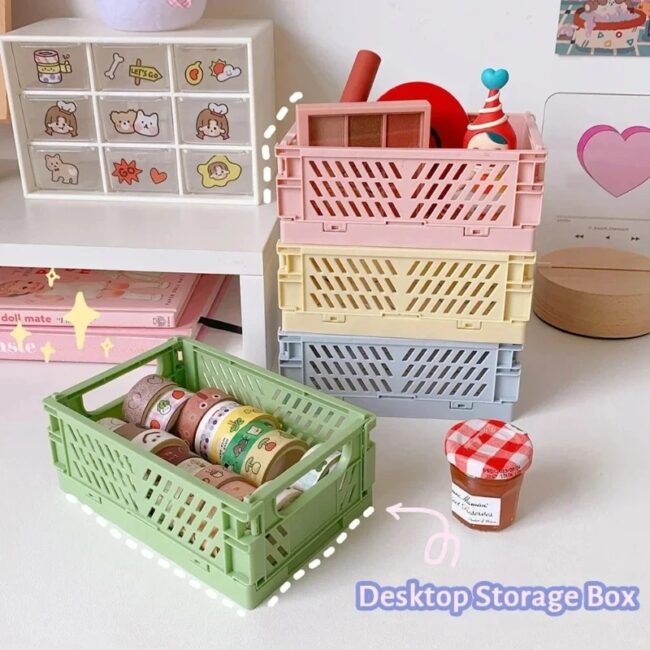 Storage Basket Folding Student Desktop Basket Tape Stationery Plastic Foldable Container Storage Box - Image 4