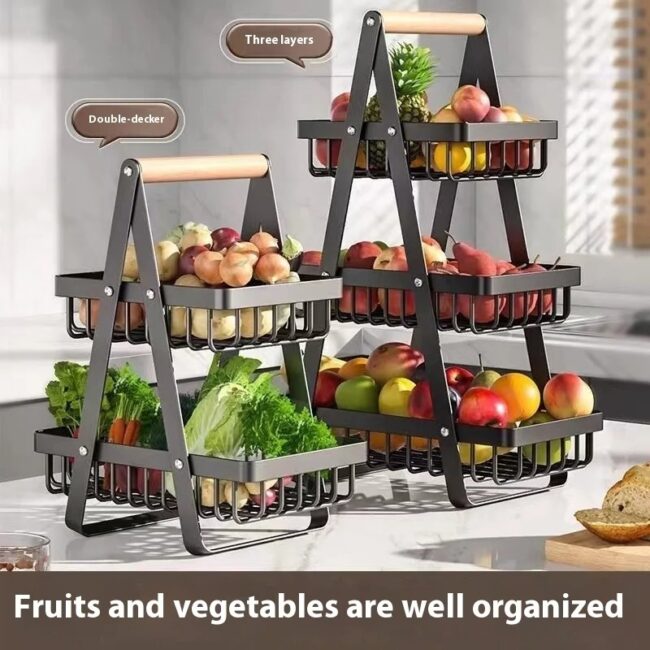 2 Tiers & 3 Tiers Countertop Fruit Basket Portable Iron Art Kitchen Organizer for Fruits Bread Snacks Storage Rack