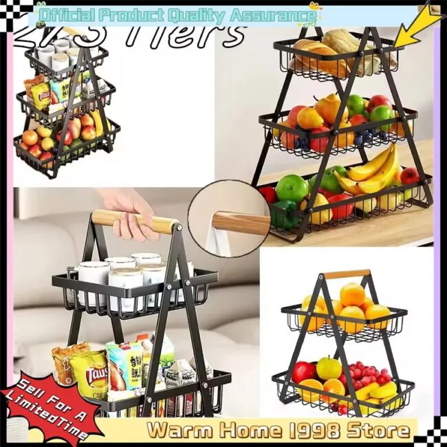 2 Tiers & 3 Tiers Countertop Fruit Basket Portable Iron Art Kitchen Organizer for Fruits Bread Snacks Storage Rack - Image 4