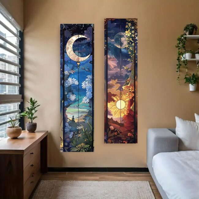 Landscape Vertical Banner Sun And Moon Tapestry Tree of Life Floral Starry Night Wall Decoration Aesthetic Tapestry Home Decor - Image 5