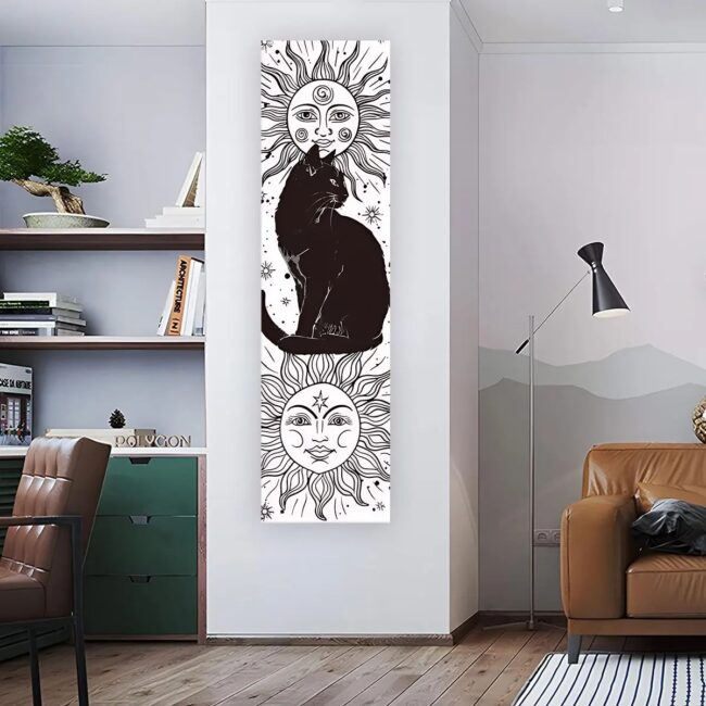 Whimsy Cat Black and White Cat Vertical Tapestry Sun and Moon Long Wall Hanging Starry Sky Aesthetic Art Tapestry Wall Decor - Image 3