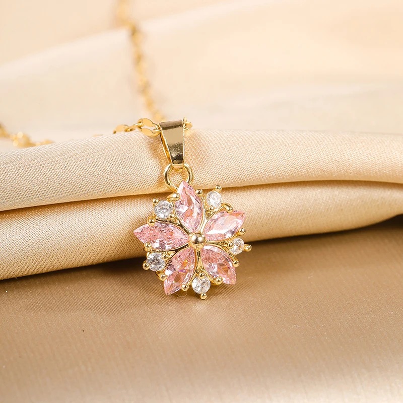 New Cute Romantic Pink Sakura Pendant Stainless Steel Necklaces For Women Korean Fashion Female Sexy Clavicle Chain Jewelry Gift - Image 4