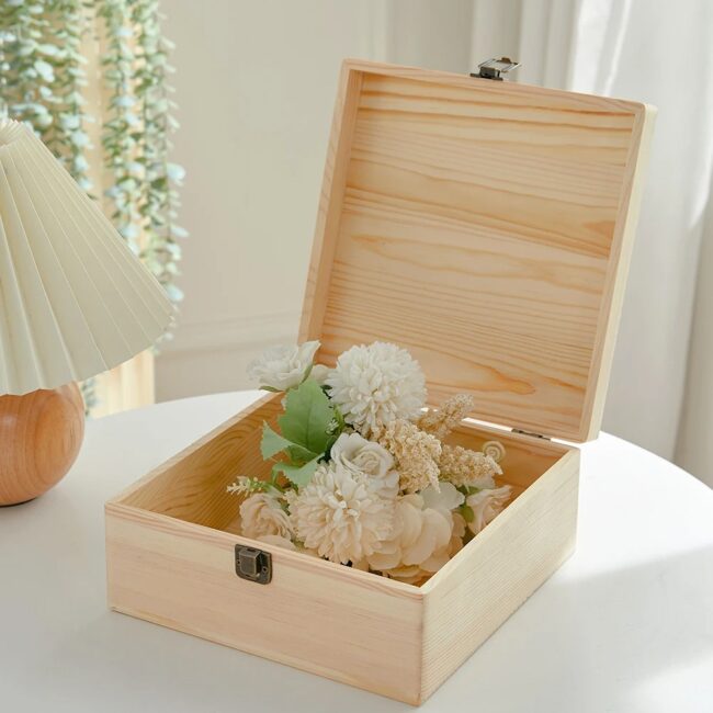 Wooden Storage Box with Hinged Lid and Lock Clasp for Storing Jewelry, Gifts, Wedding Candies