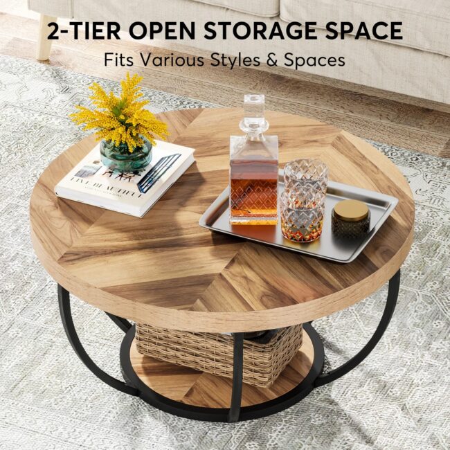 Tribesigns 31.7" Round Coffee Table, Industrial 2-Tier Circle Coffee Table with Storage Shelves, Modern Wooden Sofa Side Table - Image 6