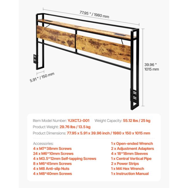 VEVOR Bed Headboard King Size Freestanding Head Board with Outlets & USB Port Adjustable Headboard for Different Bed Frames - Image 7