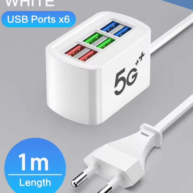 Fast USB Charger 6 in 1 Power Strip Desktop Charging Station Fast Charging 1m Cord USB HUB Adapter Socket for iPhone 16 Home