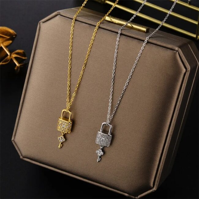 New In Light Luxury Zircon Crystal Tassels Key Lock Pendant Stainless Steel Necklaces For Women Trendy Female Clavicle Chain