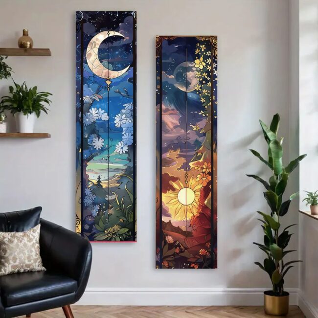 Landscape Vertical Banner Sun And Moon Tapestry Tree of Life Floral Starry Night Wall Decoration Aesthetic Tapestry Home Decor - Image 4