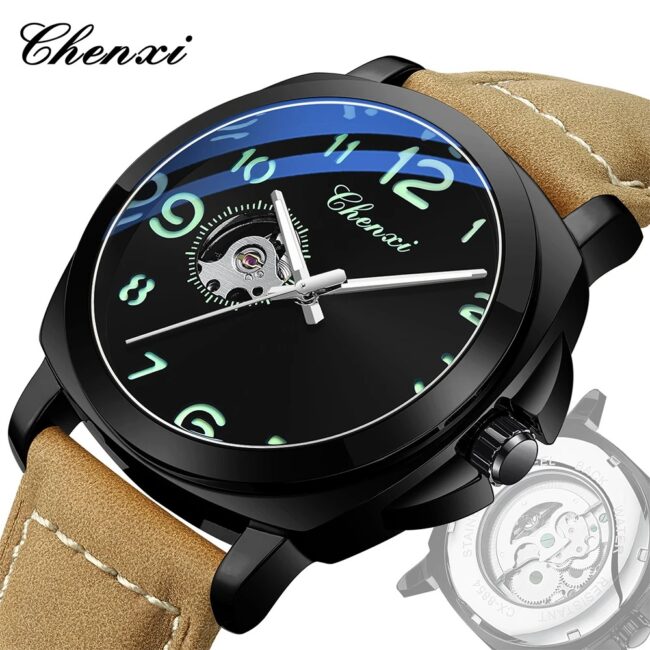 Fully Automatic Mechanical Men's Watch Round Dial Waterproof Luminous Men's Wristwatch Leather Band Man Watches CHENXI