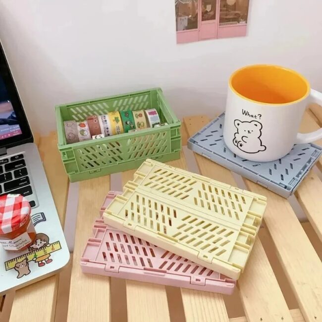Storage Basket Folding Student Desktop Basket Tape Stationery Plastic Foldable Container Storage Box - Image 3