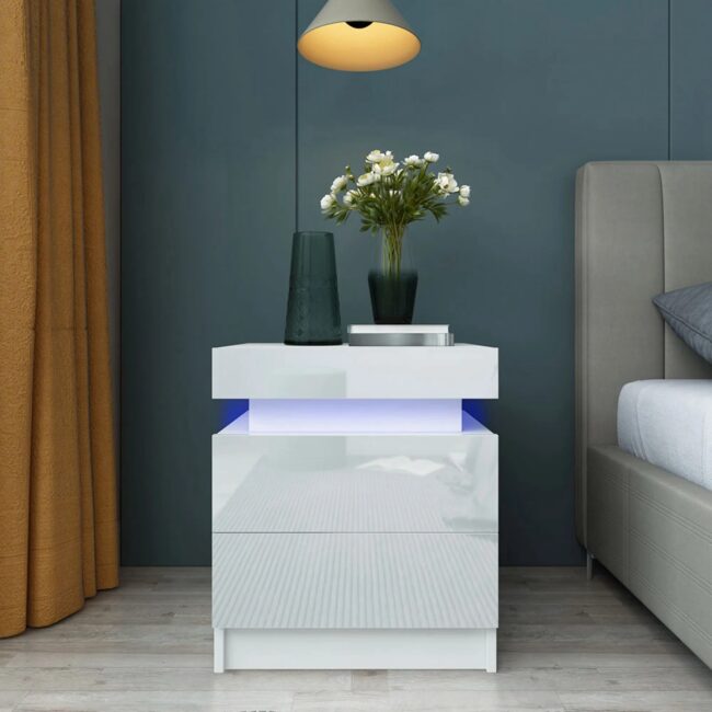 Bedside Desk Bedroom LED Nightstand Bedside Table Large Capacity RGB Light Storage Nightstand Cabinet with 2 Drawers for Bedroom - Image 4