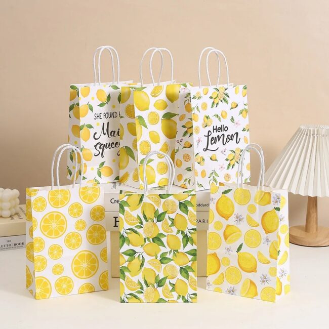 6pcs Summer Lemon Fruit Tote Bags Kraft Paper Handbag Wedding Birthday Gift Bag Party Supply