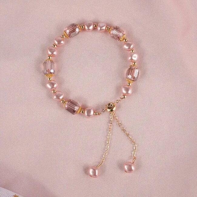 Elegant Pink Imitation Pearl Bracelets Exquisite Purple Crystal Beaded Adjustable Bracelets Bangle Female Wristband Accessories